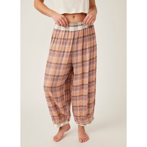 🆕 FREE PEOPLE Fallin' For Flannel Lounge Pants / Tan Combo